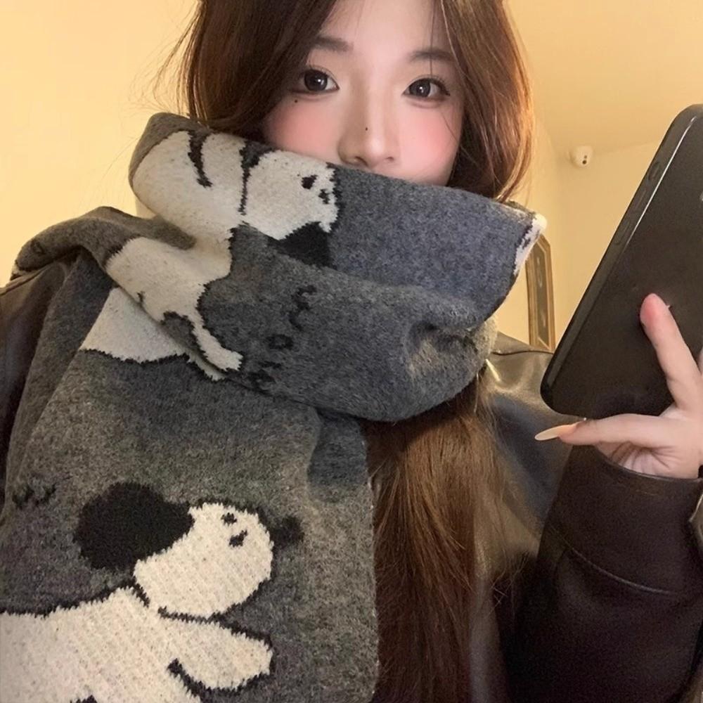 Lightweight Puppy Pattern Scarf Korean Style Knitted Shawl Trendy Cashmere Blend Scarf Winter