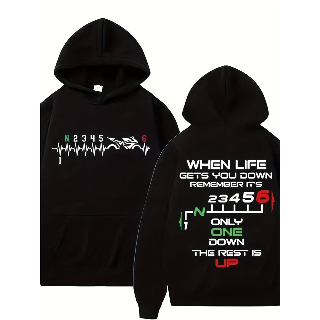 1N23456 Мужская толстовка байкера с капюшоном Графика 'Линия сердцебиения' Капюшон на шнурке Спортивная толстовка в стиле хип-хоп Толстовка на осень-зиму для мужчин