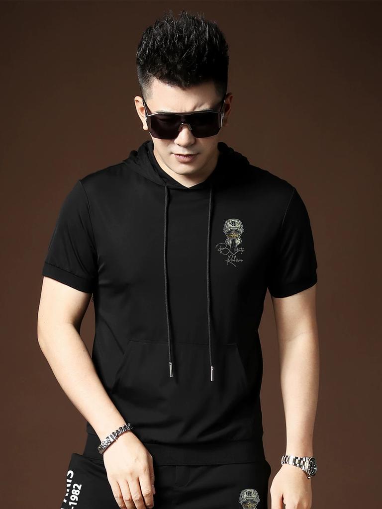 Ozhouzhan Men's Blazer Hood Short sleeve T-shirt Summer New Little Buddha Hot Drilling Half Sleeve Hoodie T-shirt