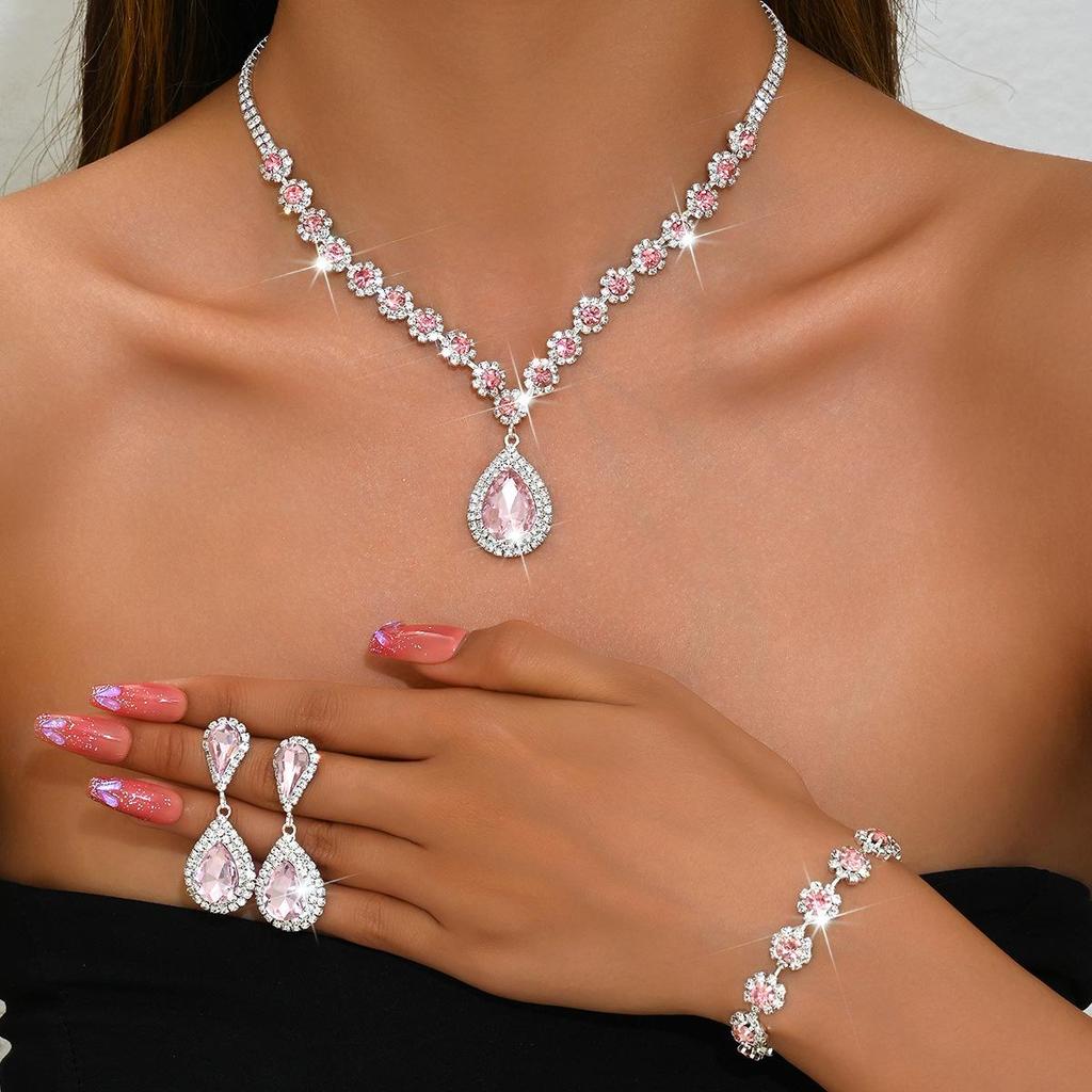 Elegant Multi-Color Floral Diamond Wedding Jewelry Set - Necklace, Stud Earrings & Bracelet