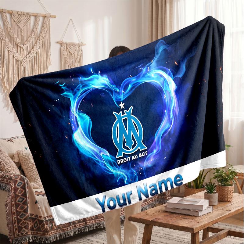 Olympique Marseille FC Personalized Fleece Blanket With Football Logo, Custom Name Text Soft Warm Home Throw Blanket