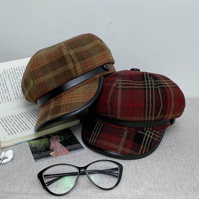 Британская восьмиугольная шляпа женская клетчатая ретро-кепка с изображением лица маленькая утолщенная кепка газетчика