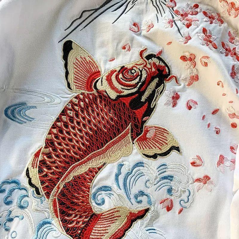 Весенне-летняя национальная приливная хлопковая футболка в китайском стиле с вышивкой карпа и короткими рукавами, свободная мужская и женская пара, большой размер-300 кошачьих