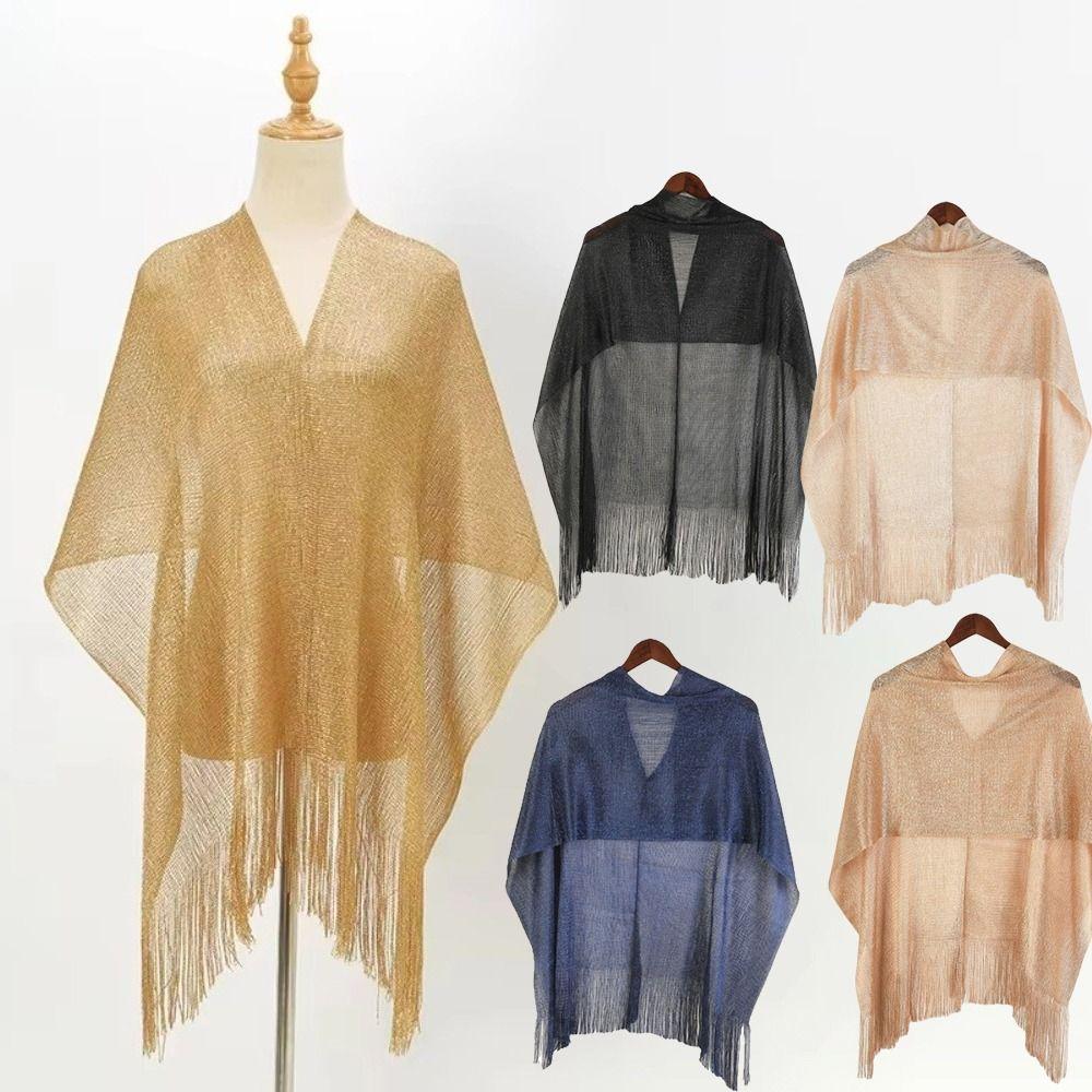 Gold Silver Shiny Silk Shawl Lace Tassel Fashion Hijab Fashion Evening Dress Scarf Summer Wear