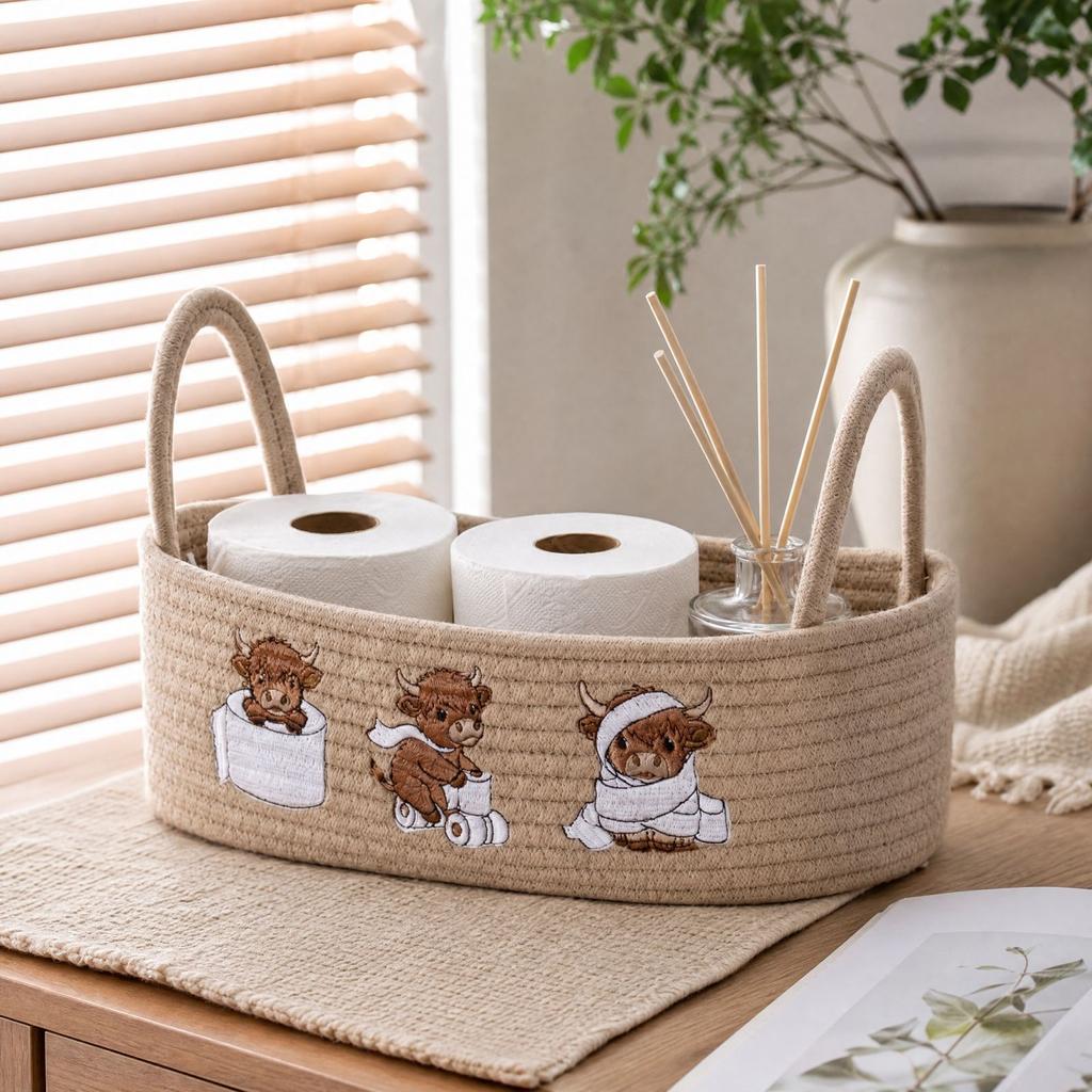 Cotton Rope Woven Storage Basket with Embroidered Design and Handles, Handheld Basket for Gifts and Home Storage