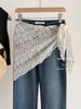 Women's Korean Beige Lace Knit Shawl - Lightweight Openwork Triangle Scarf for Summer