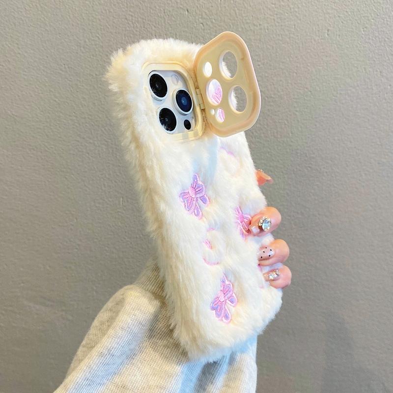 Милый мультяшный плюшевый чехол для телефона iPhone 16 Pro 15 Plus 14 13 12 Pro Max 11 складной держатель объектива мягкий защитный чехол
