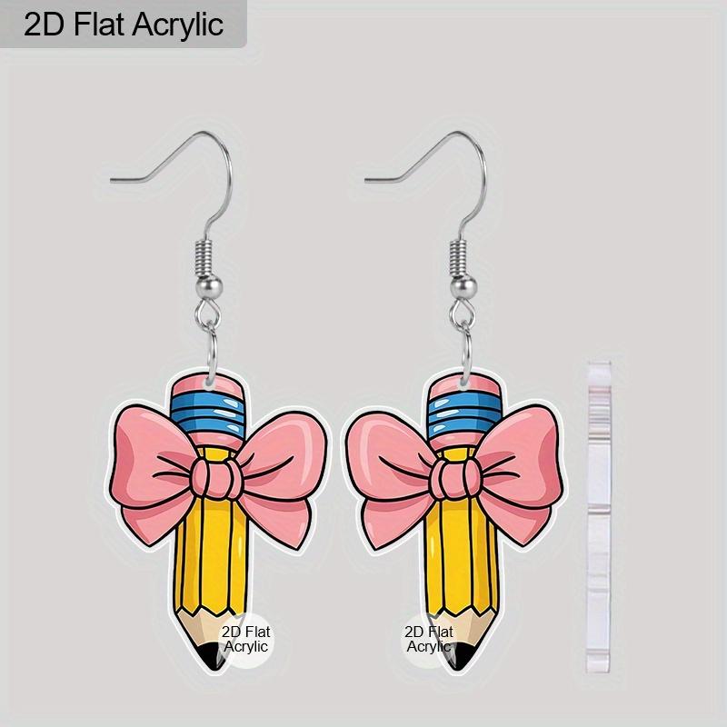 2D Flat Pink Bow Pencil Pattern Acrylic Dangle Earrings Teacher's Day Thanksgiving Gift Graduation Back To School Jewelry