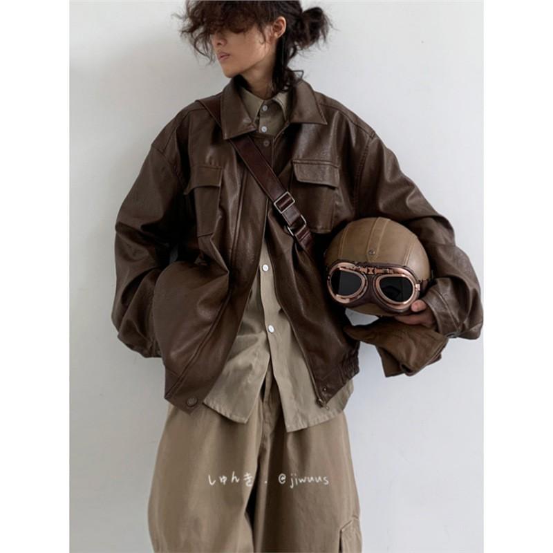Vintage Retro PU Leather Jacket Loose Fit Teens Casual Outerwear