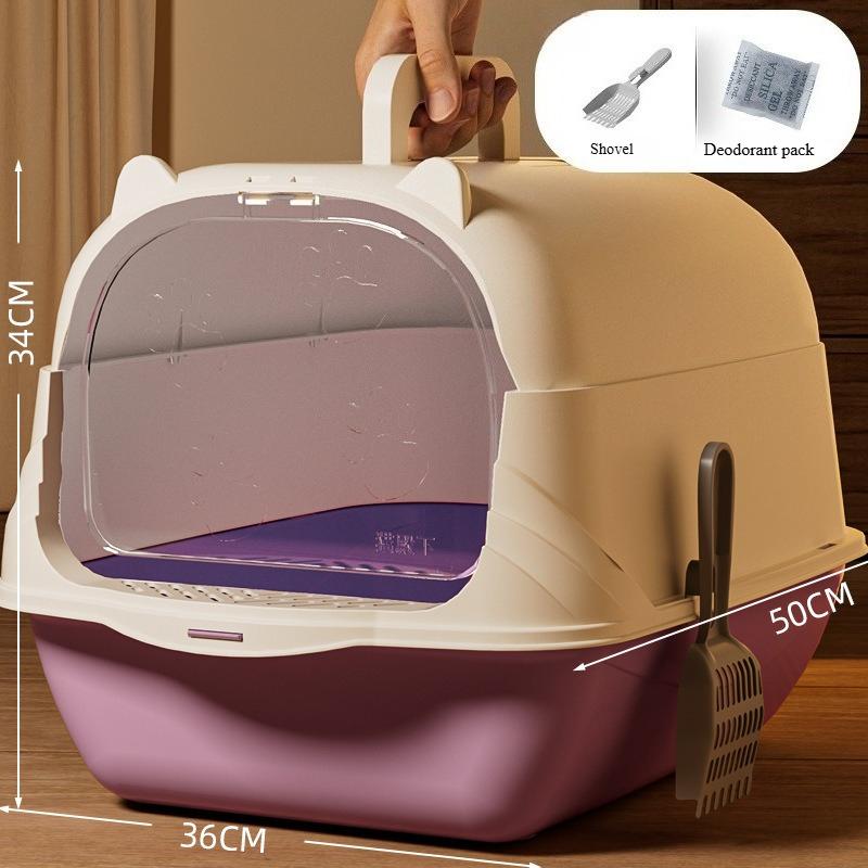 Large fully enclosed cat litter box withopen top for splash prevention Pet-specific toilet with handle Cat litter box deodorizer