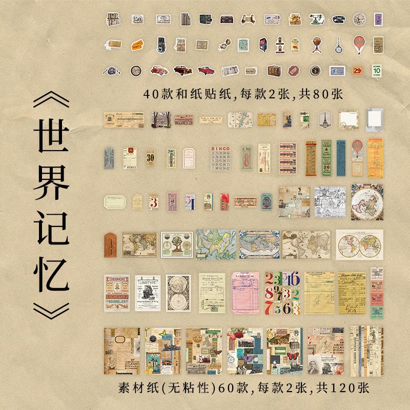 200 pcs/lot Vintage Stickers+Material paper Set Decorative Scrapbooking handmade DIY Diary Album Background paper Craft Supplies