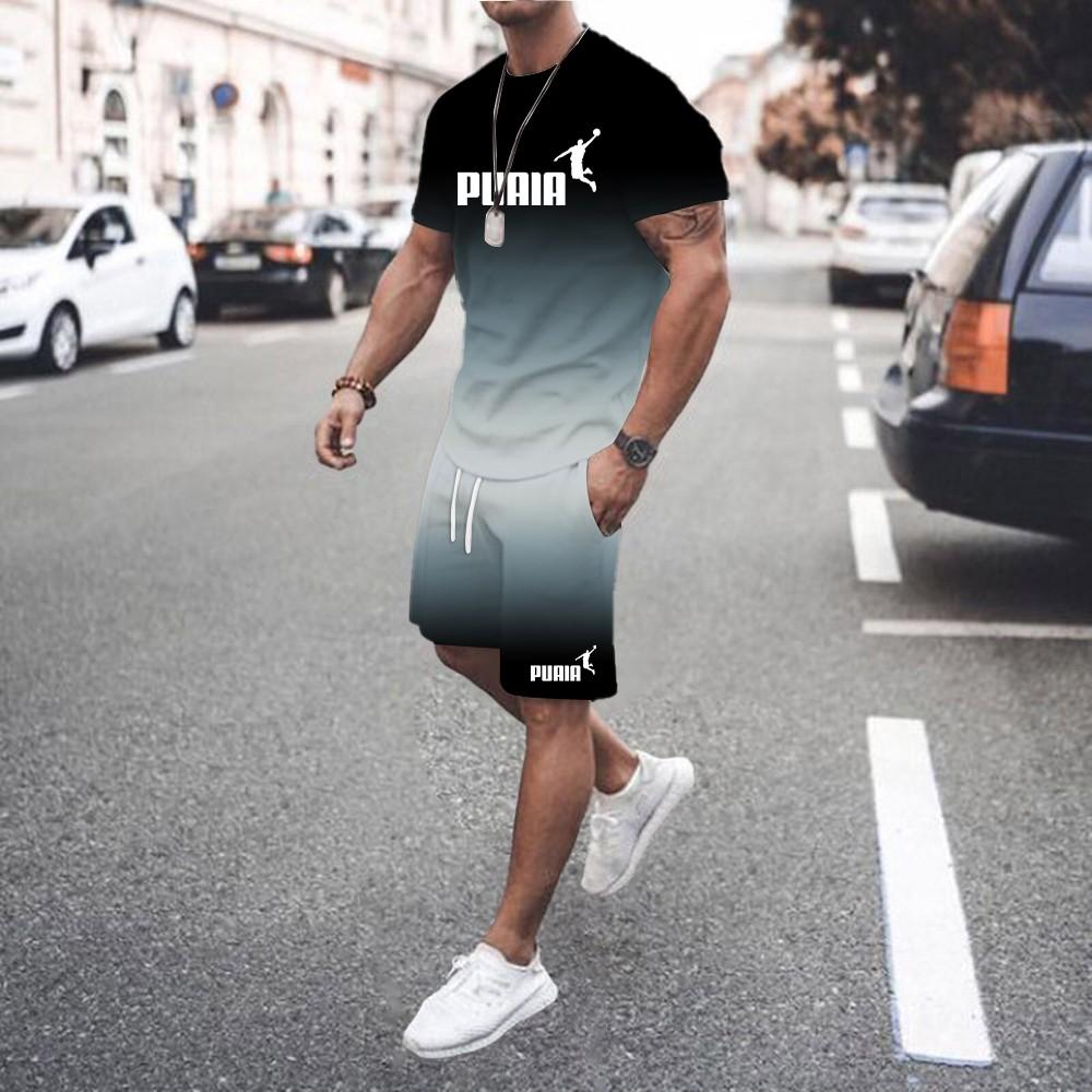 Summer Hot Sale Men's 3D Men's Gradient Suit Fashionable Casual Men's Short-sleeved T-shirt + Shorts Two-piece Sportswear Set