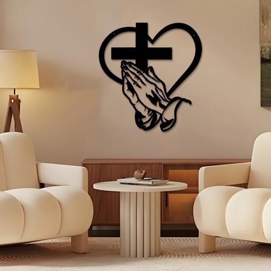 Praying Hands Wall Sign Christian Heart Metal Wall Art Sign Black Finish Religious Decorative