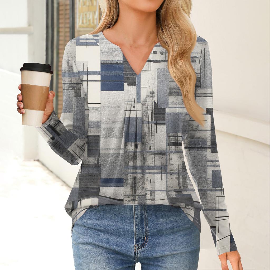 Women's Fashion Casual Long Sleeve Shirt Geometry Printed V Neck Up Tops