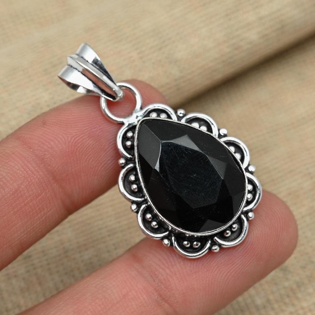 Черная шпинель Великолепный драгоценный камень 925 Твердый стерлинговый серебристый кулон ручной работы