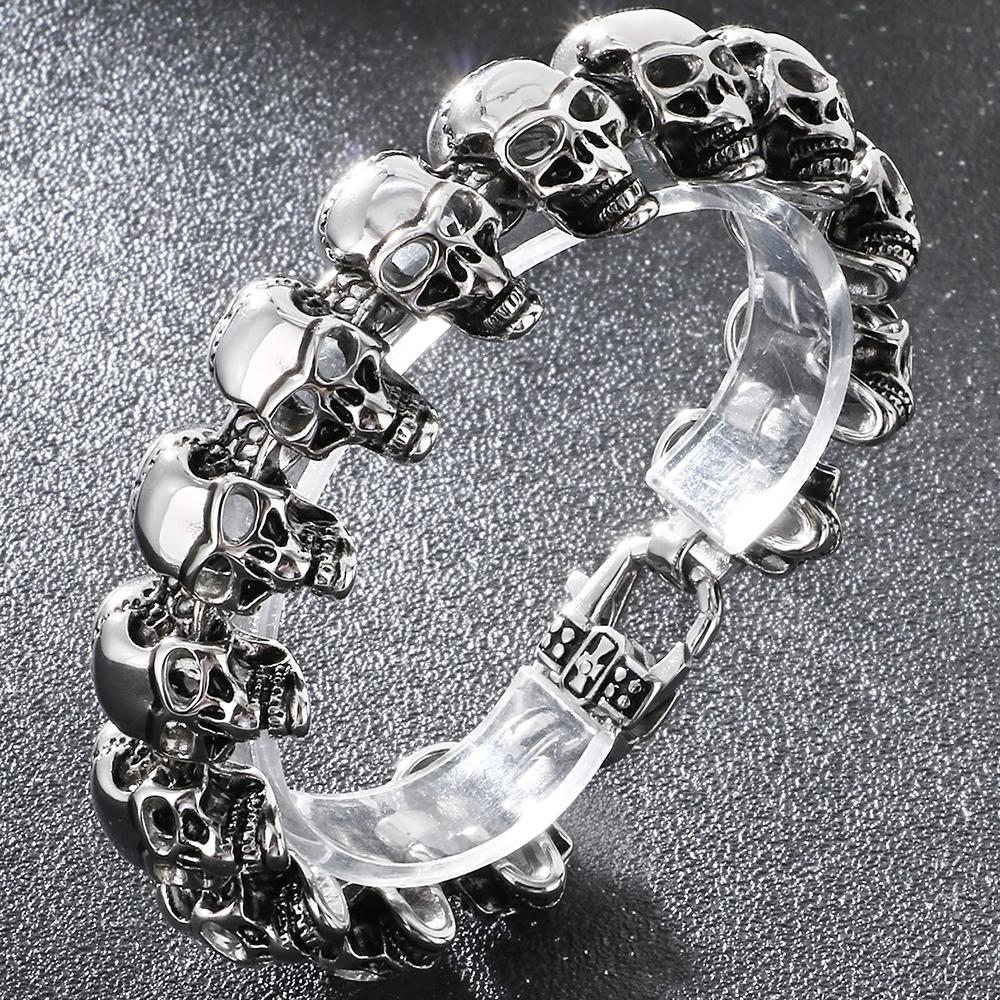 Мужской готический браслет с головой скелета, винтажный хип-хоп, из нержавеющей стали, звеньевая цепь, браслет на запястье для мужчин, вакуумное покрытие, панк-рок ювелирные изделия