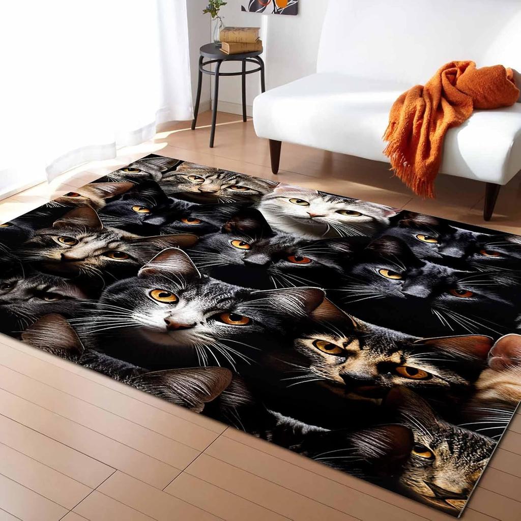 Cat Washable Area Rugs Pet Animal Cat Ears Eyes Non Slip Rugs for Living Room Bedroom, Low Pile Floor Mat Large Indoor Carpet