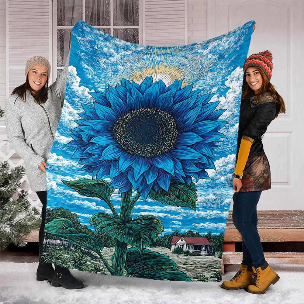1pc Blue Sunflower Print Throw Blanket Polyester Fiber, Lightweight Flannel, Soft & Warm, All Season Use for Outdoor, Camping Digital Print