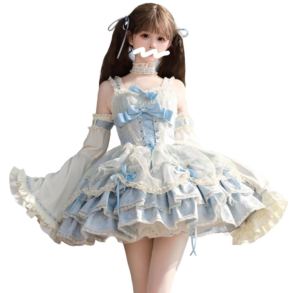 Jundakara Tiered JSK Jumper Skirt with Faux Princess and Features a Perfect for Lolita and Available in Light Blue and Women's Sleeves, Choker,