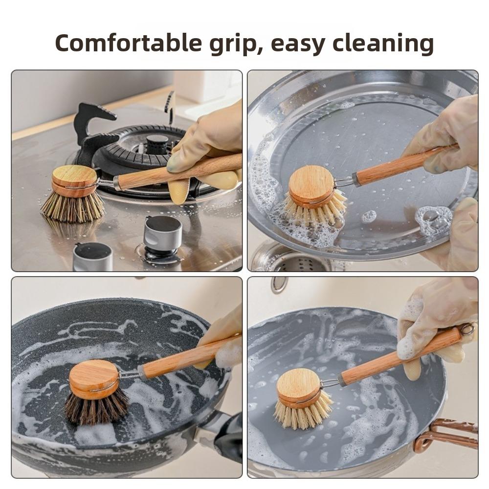 Solid Wood Dish Pot Brush Replaceable Frying Pan Brush Kitchen Cleaning Brush Home Cleaning
