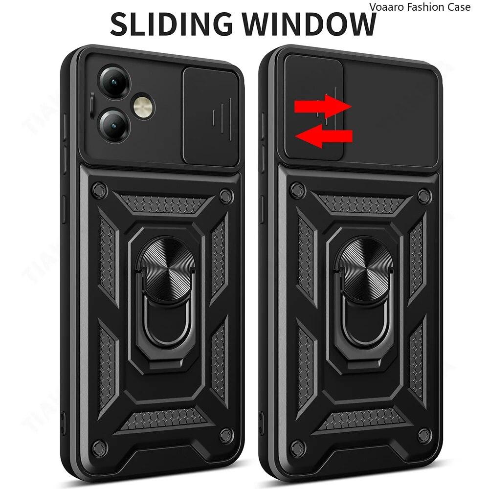 For Motorola Moto G14 4G G54 G84 5G Slide Lens Camera Protection Shockproof Armor Case for Moto Edge 40 Pro Neo 30 Ultra Magnetic Ring Holder Cover