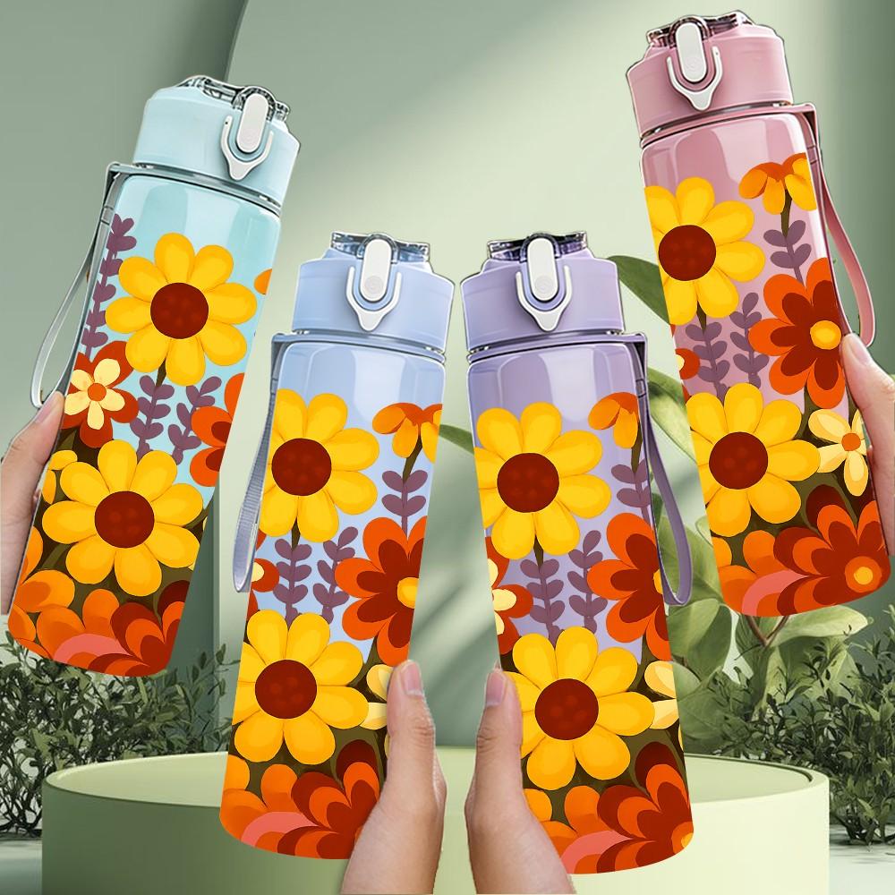 1PC Vibrant Mixed Sunflower Daisy Print 750ml Color Plastic Sports Water Bottle Leakproof Flip Straw Lid Suitable for Sports Office Home Use