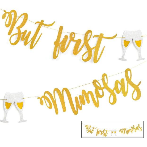 Mimosa Bar Sign But First Mimosas Rose Gold Banner, Decorations for Bridal Shower Baby Shower Bachelorette Party Engagement Wedding Graduation Fiesta