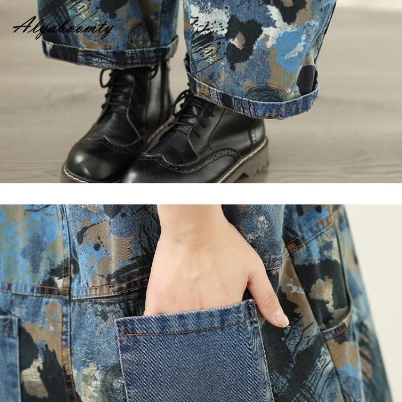 Plus Size Korean Style Stylish Streetwear Overall Straps Print Denim Wide Leg Jeans Basic Ladies' Casual Loose Vintage Romper
