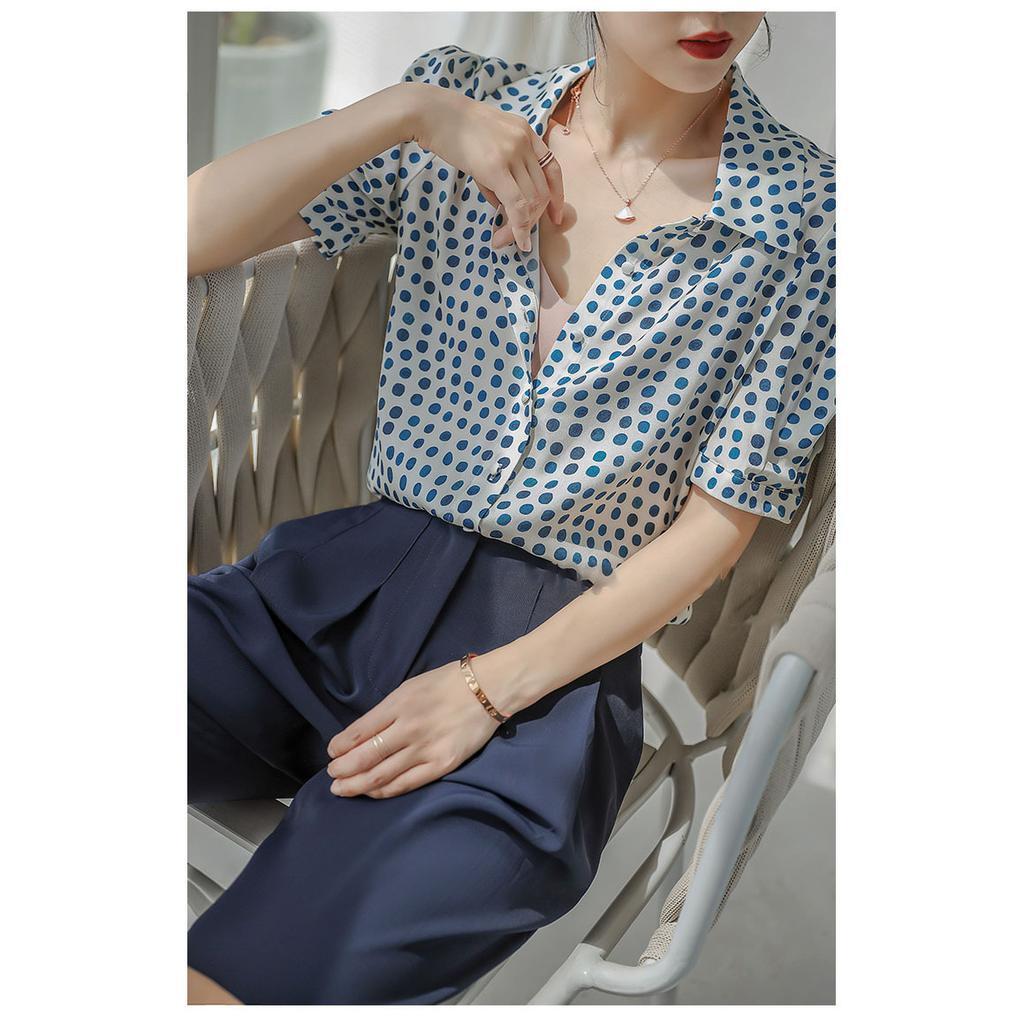Рубашка женская летняя с короткими рукавами Niche Retro Heavy Silk Shirt Temperament Bubble Sleeve Polka Dot Top