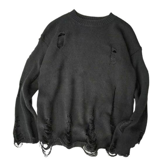 Men Sweater Solid Color Ripped O Neck Oversized Couple Sweater