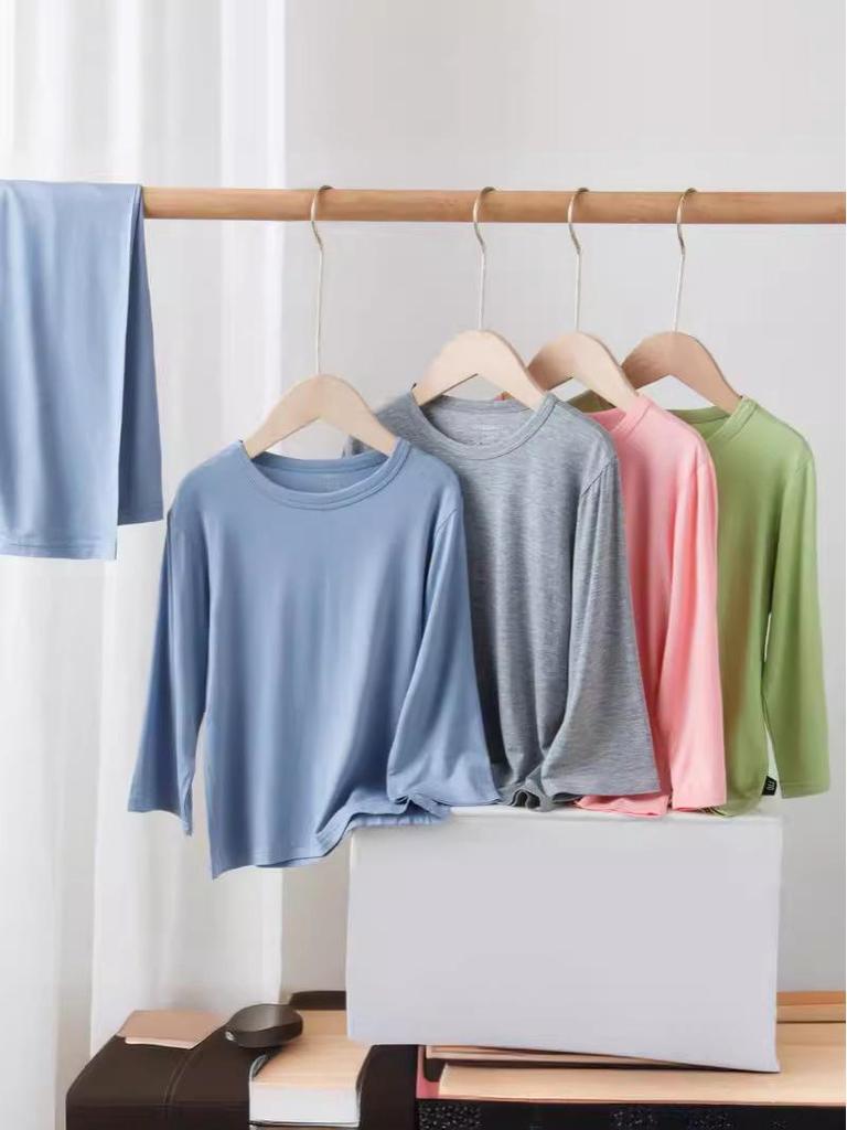 Детский модальный пижамный комплект - Летний легкий, с круглым вырезом, с длинными рукавами и брюками для мальчиков и девочек.