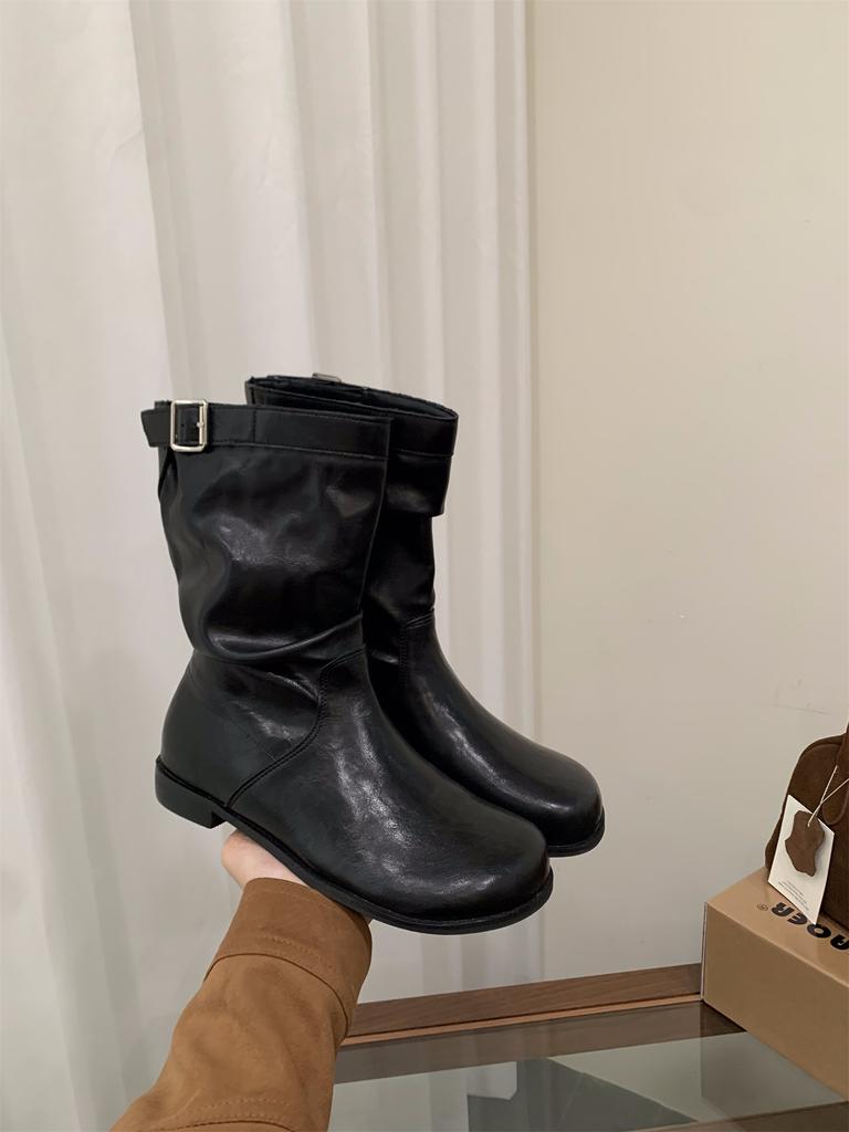 Ботинки-рыцари средней длины на толстом каблуке с ворсом Женские ботинки 2025 Новые весенне-осенние черные ботинки Мартин Узкие коричневые короткие ботинки