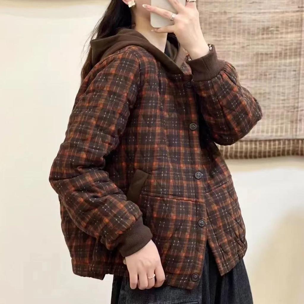 Casual Cotton Clothing Women's Winter Retro Plaid Hooded Fashion Loose Warm Comfortable Lightweight Cotton Clothing