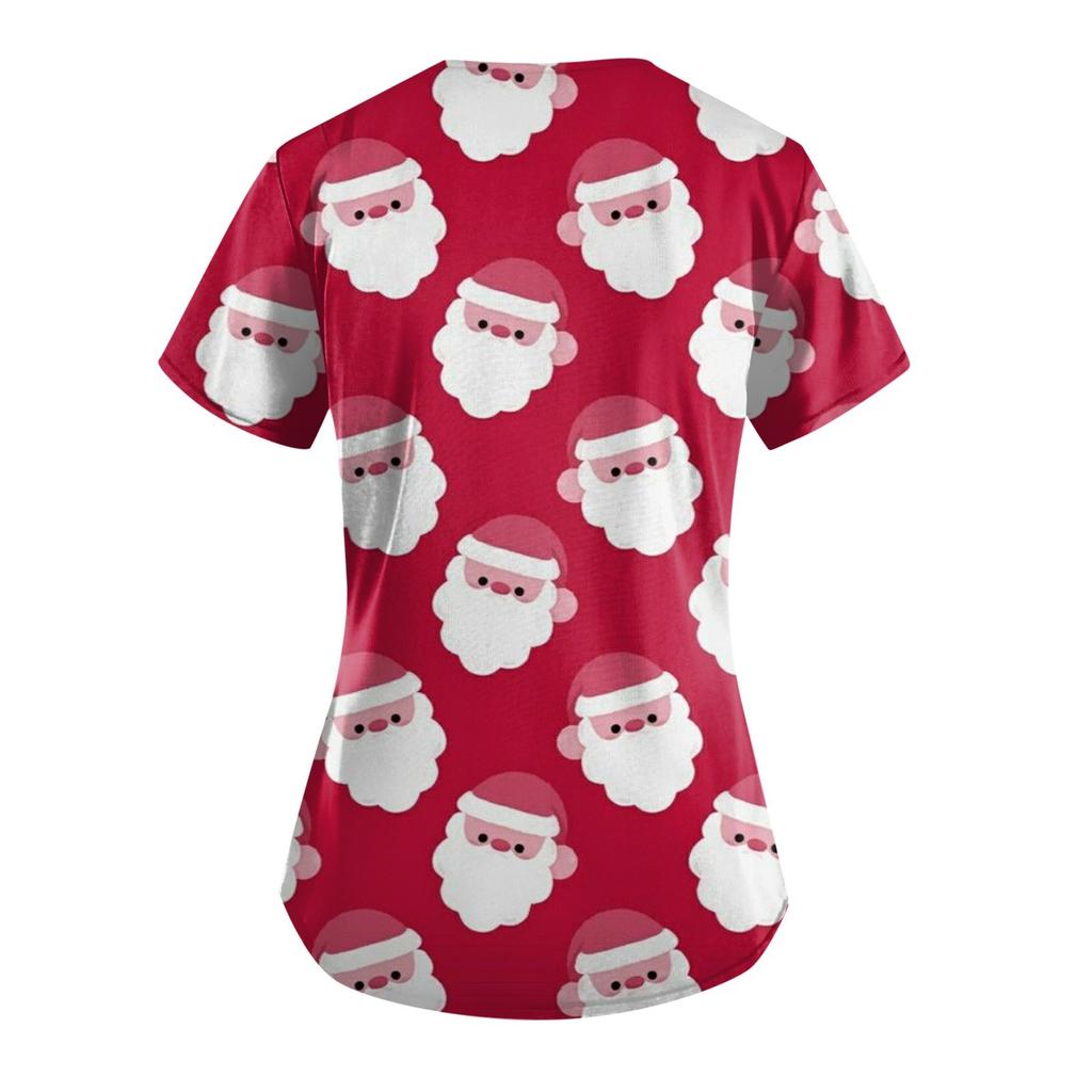 Женская мода с рождественским принтом и короткими рукавами с v-образным вырезом, маленькая рабочая футболка с карманами