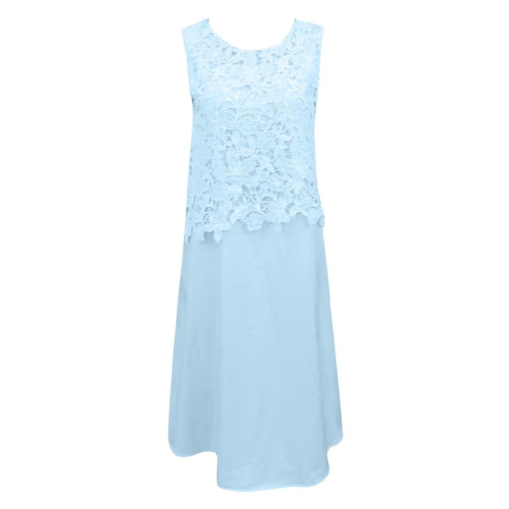 Women's Fashion Elegant Solid Color Lace Patchwork Chiffon Sleeveless Round Neck Dress Two Piece Dress