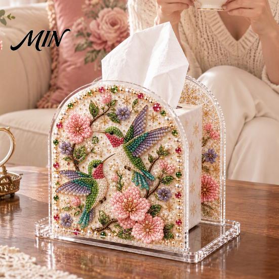 Square Tissue Box Case DIY Christmas Faux Pearl Art Painting Holder, 3D Rhinestone Beads Creative Resin Gem Holder for Winter Xmas Holiday Tabletop