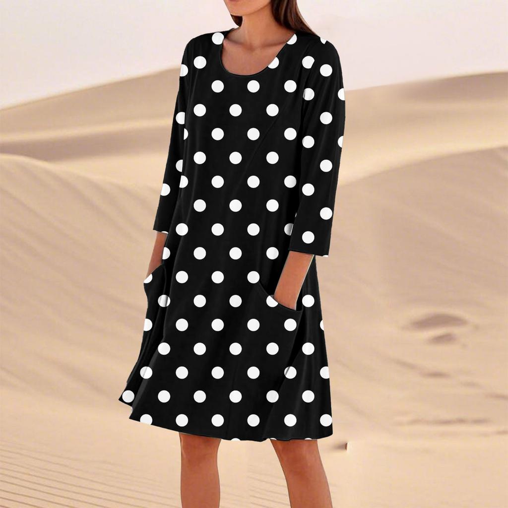 Женское однотонное модное свободное повседневное платье с рукавом три четверти Женское модное свободное повседневное платье с принтом в горошек и рукавом три четверти