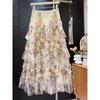 European And American Floral Print Tulle Cake Skirt Women Long Skirt Flowy Puff Skirt Elegant Maxi Skirt For Summer Fashion Party Casual Wear