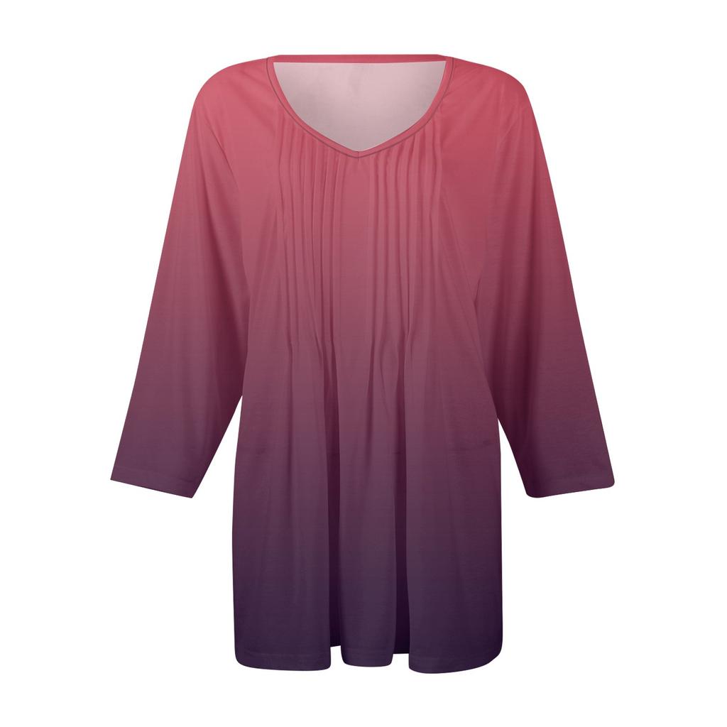 Женские топы с V-образным вырезом и рукавом три четверти в полоску, плиссированные, повседневные, летние, модные, рубашки