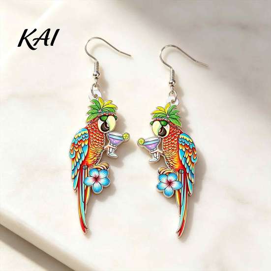 Hypoallergenic Hooks for Sensitive Ears 1 Pair Cute Acrylic Parrot Earrings, Tropical Animal Dangle Vibrant Feather Pattern Earrings Women,