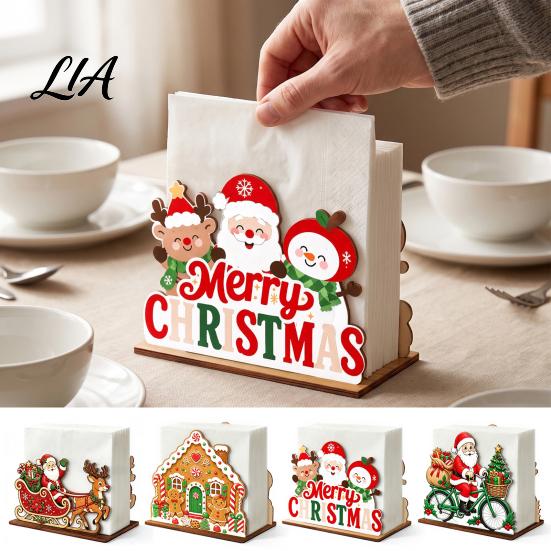 Christmas Home Decor Wooden Tissue Holder, Napkin Dispenser with Santa Gingerbread House Elk Rack Pattern, Decorative Organizer for Dining Table