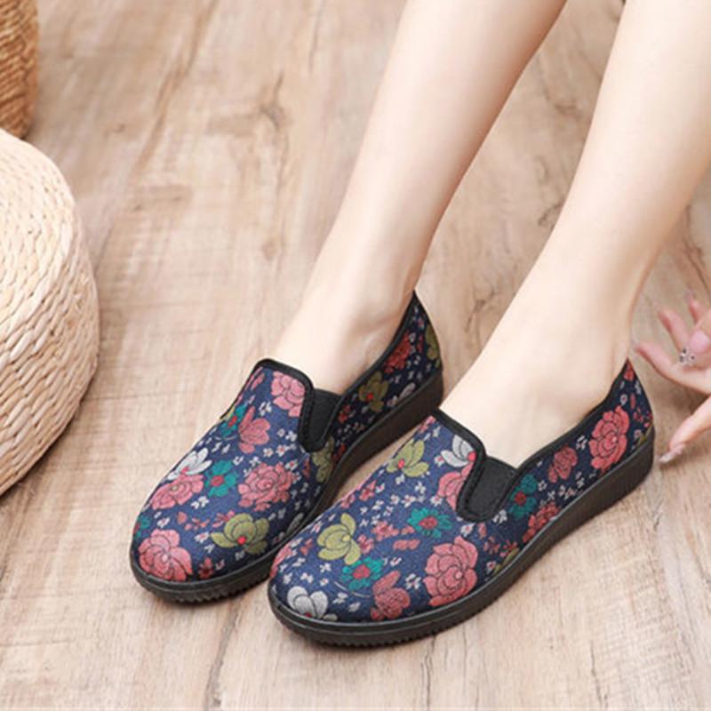 Женская обувь женская мода большой размер розовый цветочный узор танцевальные балетки женские повседневные синий комфорт противоскользящие лоферы ga223