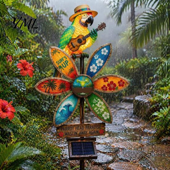 Weather Resistant Garden Art Resin Solar Parrot Light Ground Stake, Waterproof Outdoor Stake Tropical Flower Bed Illumination Yard Decor for