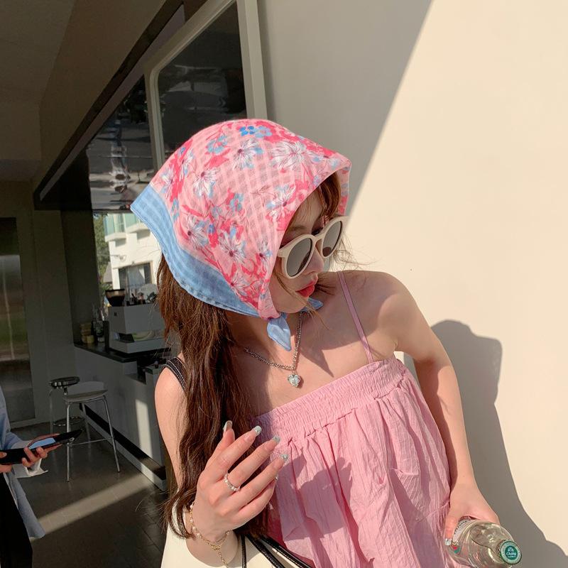 55Cm Sweet Floral Print Small Square Scarf For Women Girl Cute Soft Flower Scarf Hairband Headband Korean Hair Scarves