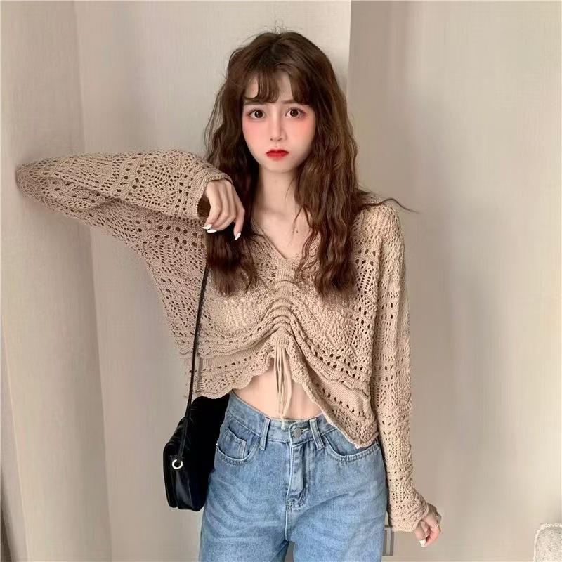 Chic Hollow Drawstring Knitted Sweater Women's Spring and Summer Small Sweet and Spicy Design Sense V-neck Lace-up Short Top