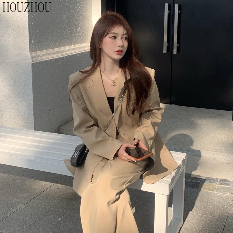 HOUZHOU Базовые костюмы женские винтажные элегантные офисные деловые корейские свободные зеленые брюки с высокой талией и широкими штанинами