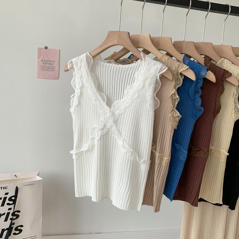 Летний новый сексуальный кружевной жилет-халтер для женщин, верхняя часть с V-образным вырезом, шелковый утягивающий трикотаж