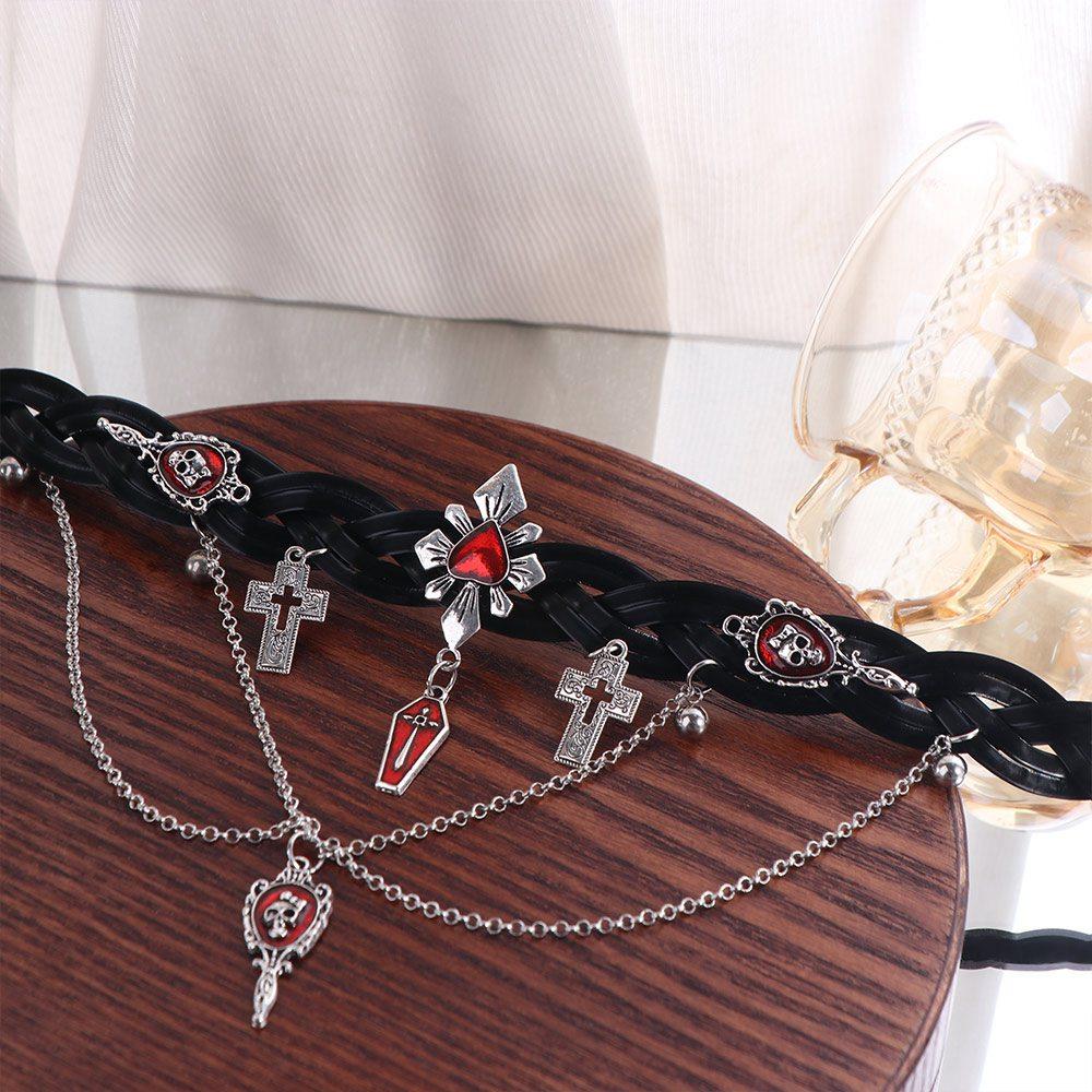 Red Y2K Leather Necklace Corss Tassel Beaded Necklace Fashion Halloween Skull Choker Girls