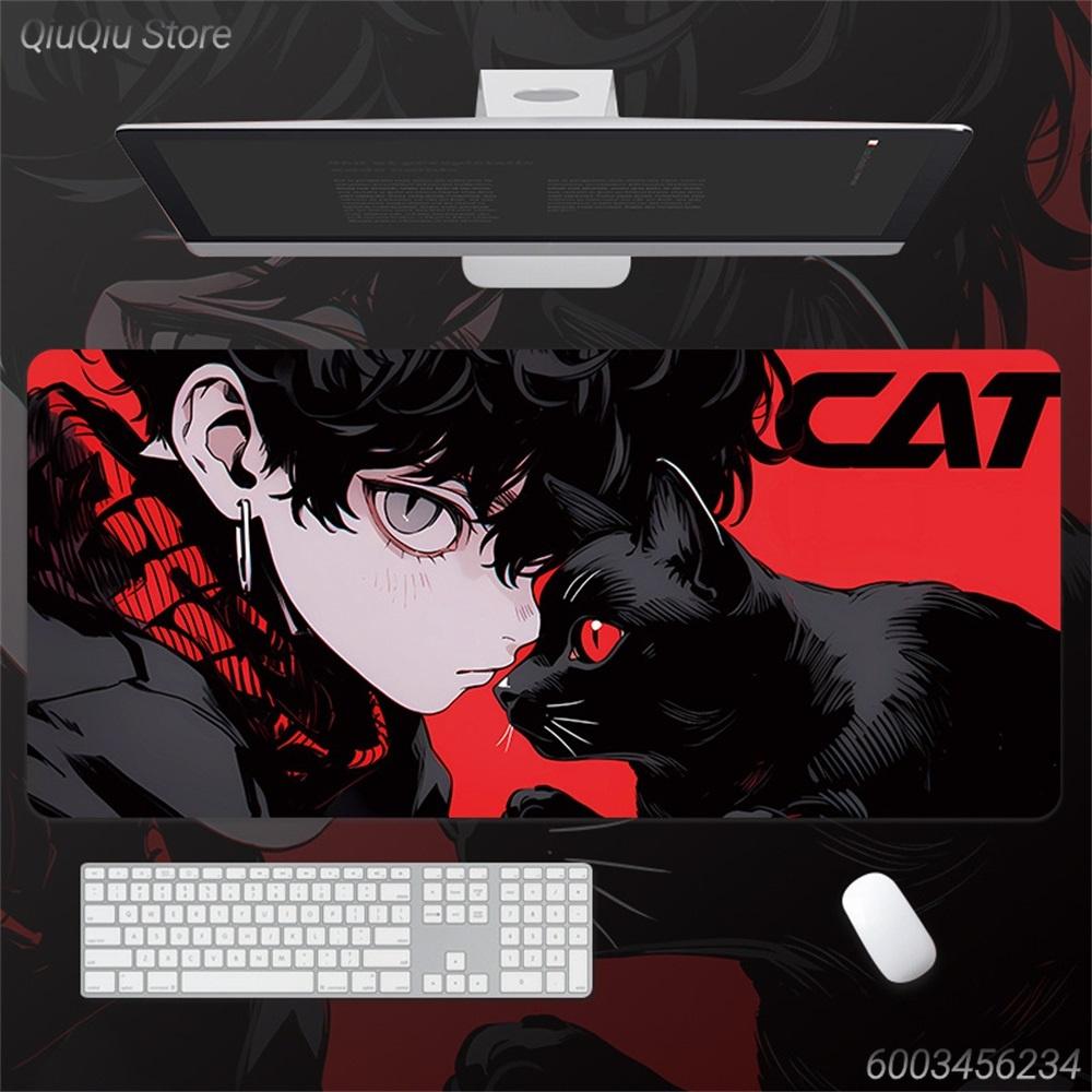 Dark Anime Black Cat Large Mouse Pad, Cool Manga Extended Desk Mat Non‑Slip Rubber Base Keyboard Mat for Gaming Office Decor