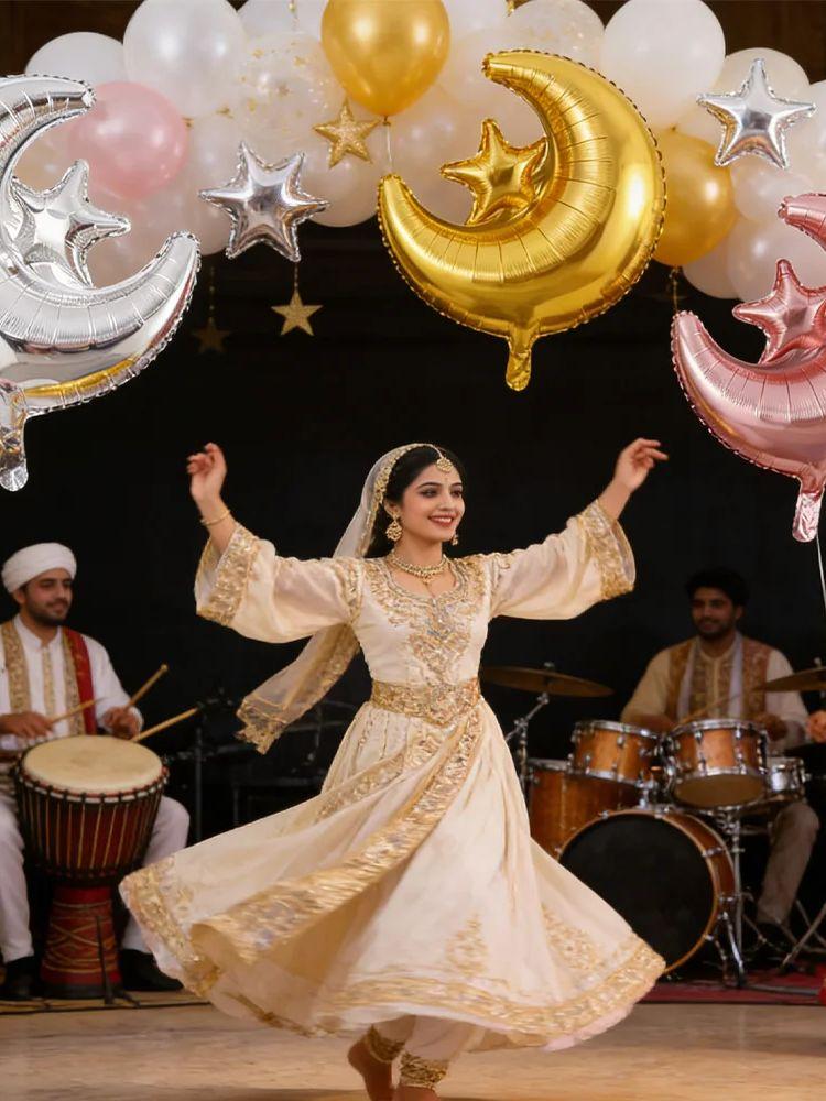 Moon Lighthouse, 3 Blue Moons, 6 Moon Stars, 3 Islamic Moon Star Aluminum Foil Balloons, Suitable for Eid Al-Fitr, Muslim
